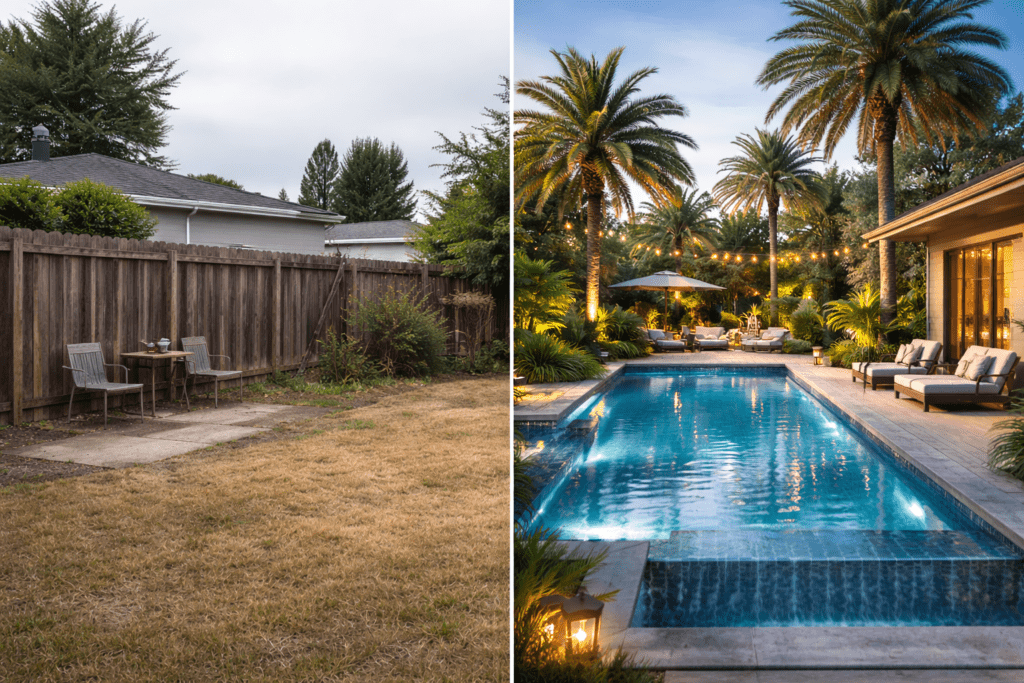 Before and after comparison using Gemini photo editing prompts for landscape design.